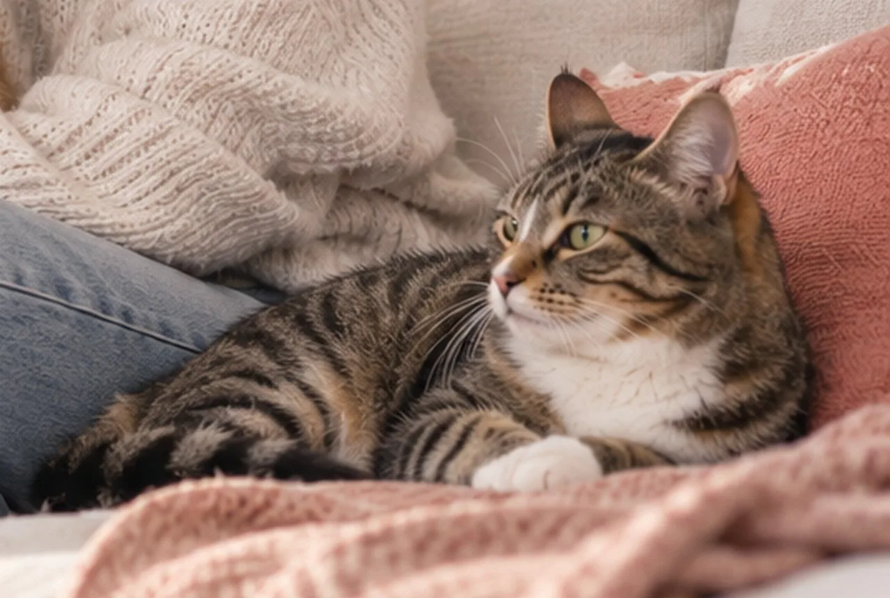 Tabby cat resting beside a person on a sofa