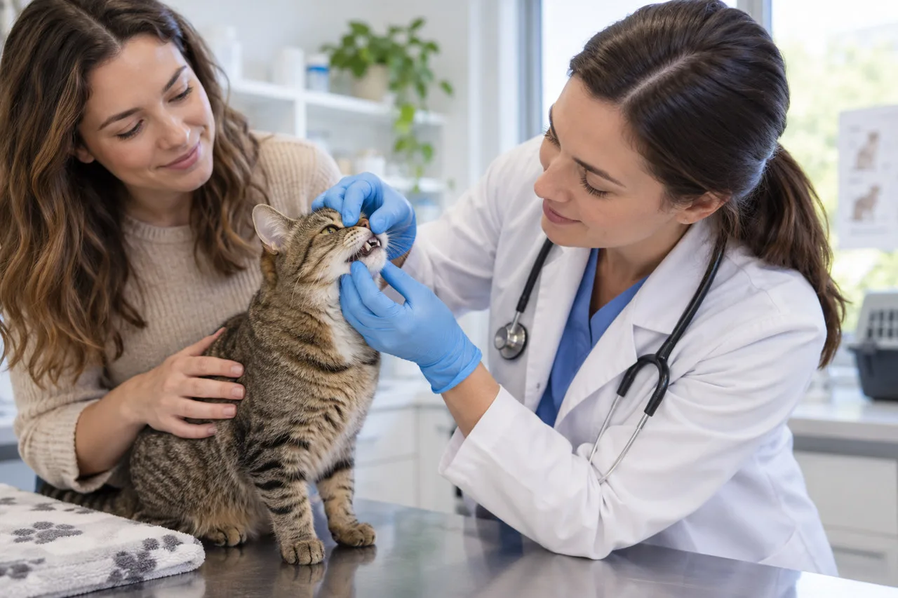 Veterinarian examining a cat while its owner stays beside it